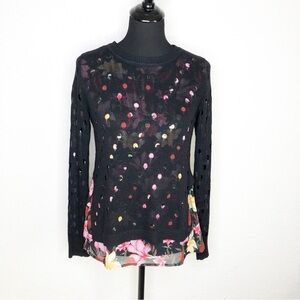 Desigual black floral underlay distressed perforated sweater size Extra Small XS